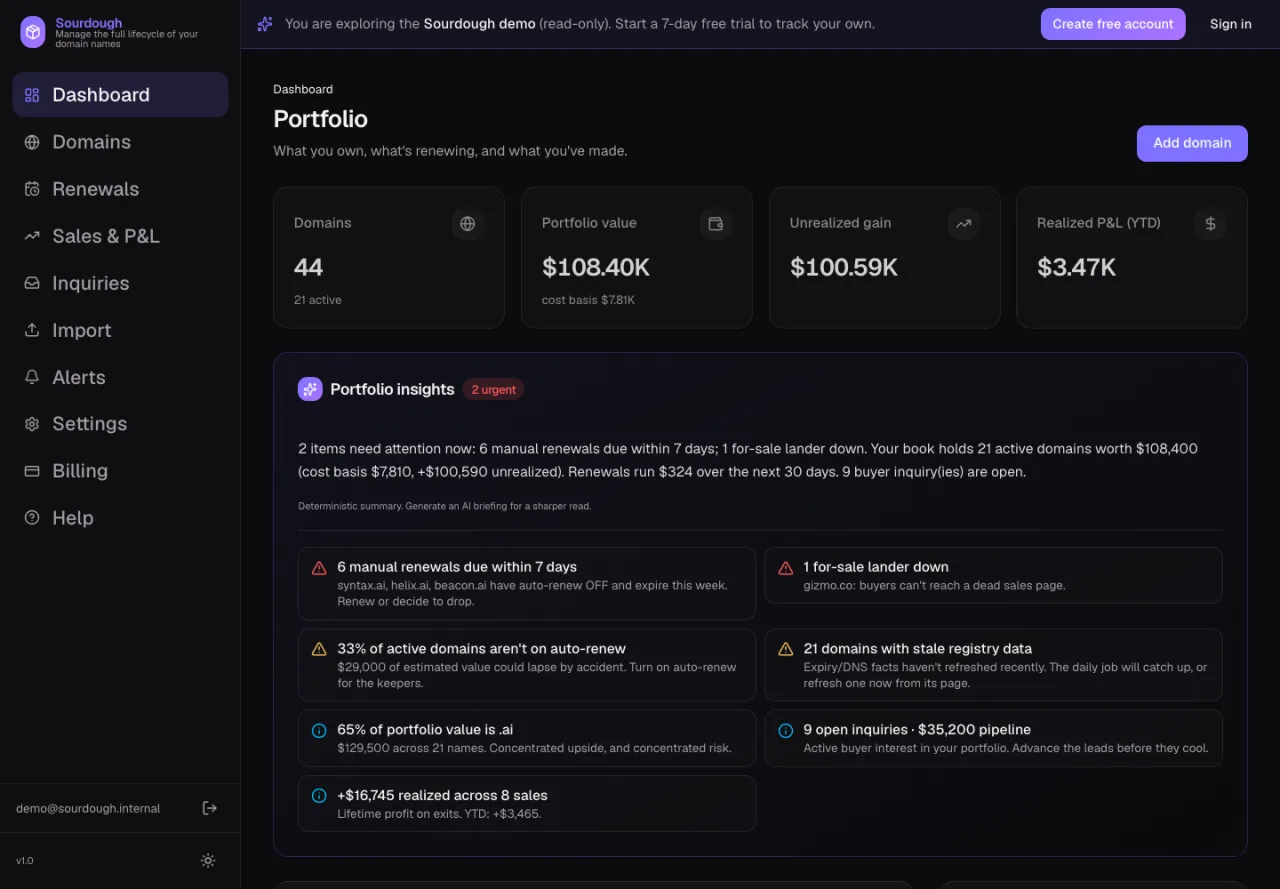 Sourdough read-only demo showing the portfolio dashboard, renewal alerts, and registry status
